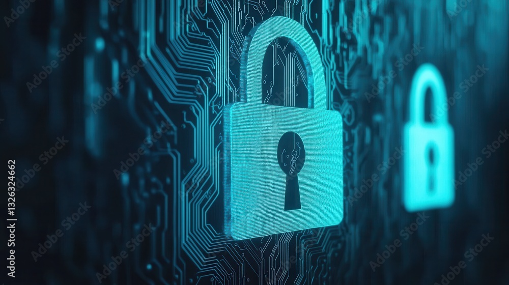 Poster digital security concept with lock icons on circuit board background