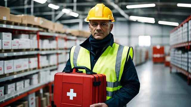 Worker with a first aid kit in a factory. Occupational risk prevention.