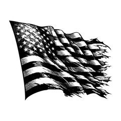 Ripped America flag waving engraving sketch engraving black and white outline. Scratch board imitation.  illustrated in vintage line art style on a white background.
