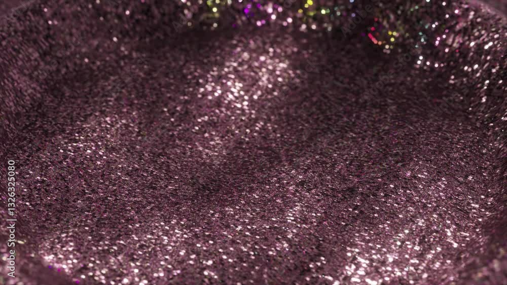 Poster purple glittering fabric forms a crater-like shape, reflecting light and creating a mesmerizing visu