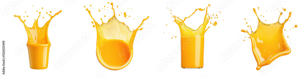 Poster four dynamic splashes of yellow liquid are depicted, showcasing various shapes and forms in motion.