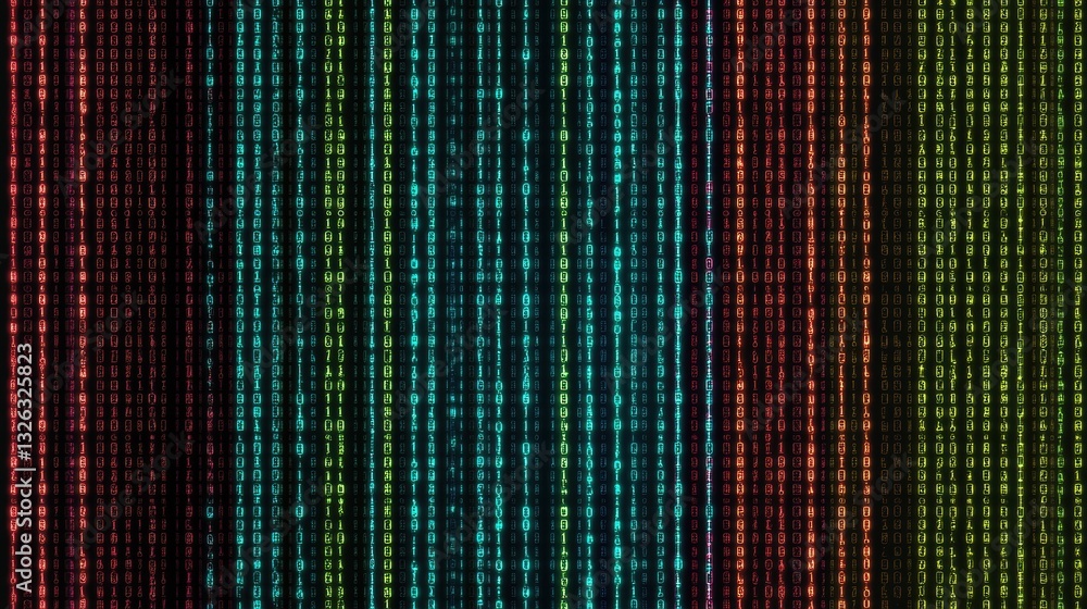 Poster colorful digital matrix with binary numbers on dark background