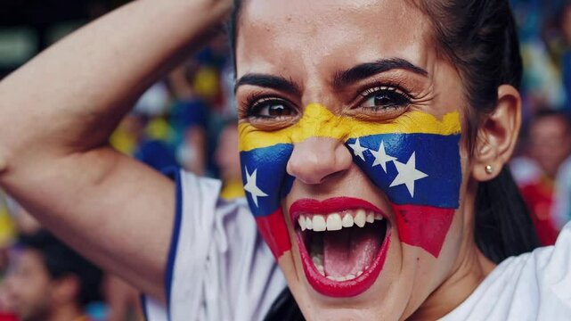 Smiling Venezuelan sports fan with vibrant flag face paint cheering at a stadium  
