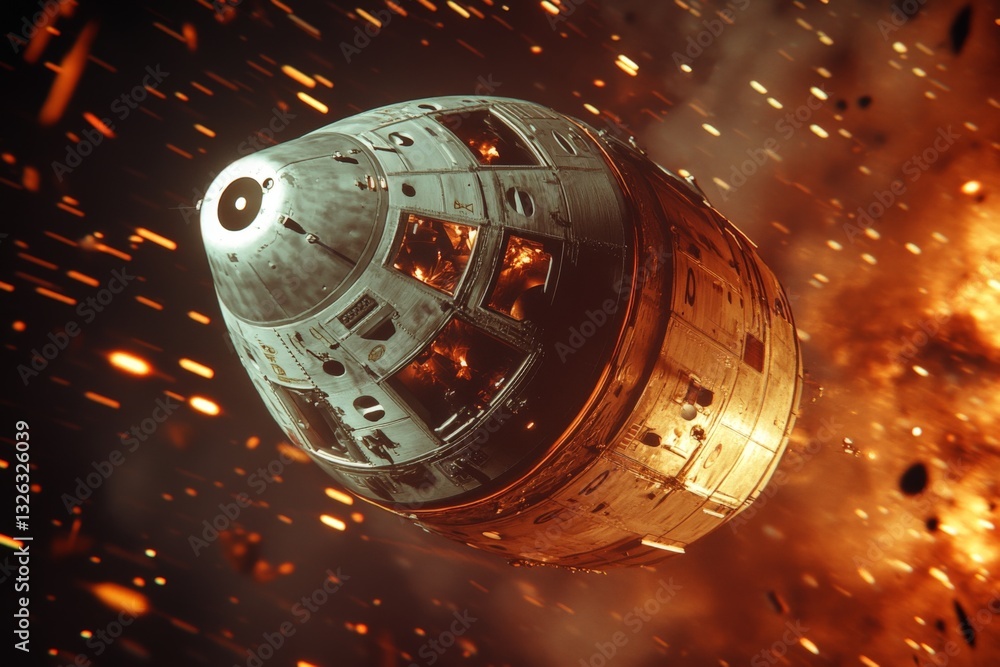 Poster rocket capsule re-entering earth's atmosphere during a fiery descent at dusk