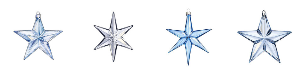 Obraz premium Four decorative stars in varying shades of blue and white, showcasing intricate designs and shimmering surfaces.