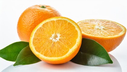 Fototapeta premium Collection of Fresh Orange Fruit with Leaves, Halves, and Slices Isolated on a White Background