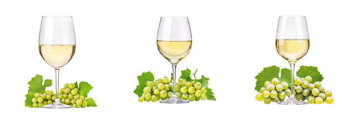 A trio of elegant wine glasses filled with white wine, accompanied by fresh grape clusters.