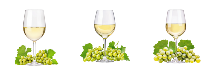 A trio of elegant wine glasses filled with white wine, accompanied by fresh grape clusters.