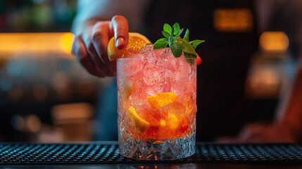A bartender artfully serves a colorful cocktail filled with ice, lemons, and fresh mint at a bustling bar during the evening hours, creating a delightful drink experience