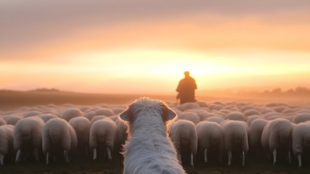 A dog watches over a flock of sheep at sunset, with a shepherd in the background guiding them. Concept Dog as Guardian, Flock of Sheep, Sunset Scenery, Shepherd's Role, Peaceful Countryside