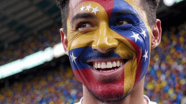 Proud Venezuelan sports fan with bold flag face paint cheering at a stadium  
