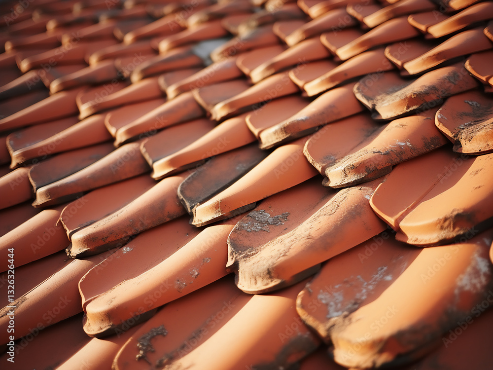 Poster clay tiles on the roof arranged in a regular pattern with varying colors for weather protection