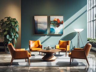 A client meeting space with grouped seating and a refreshment station, ideal for discussions