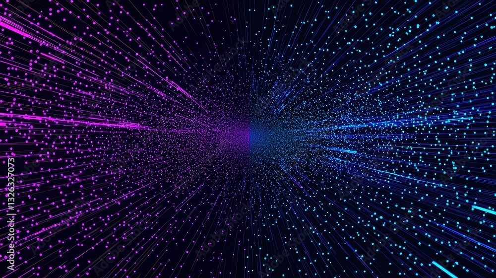 Poster abstract digital background with bright lines and dots in motion