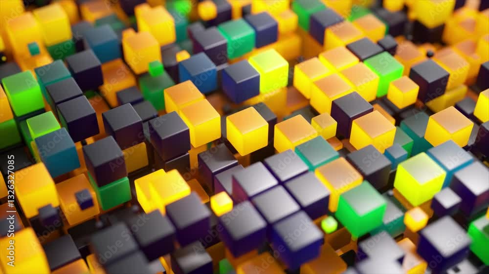 Poster abstract animation features colorful cubes shifting and changing colors on a white background, creat