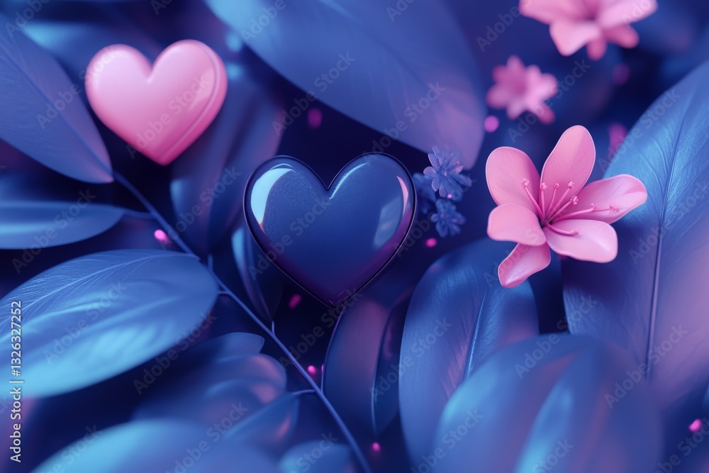 Poster colorful hearts and flowers arranged among lush leaves create a vibrant and whimsical display in a d
