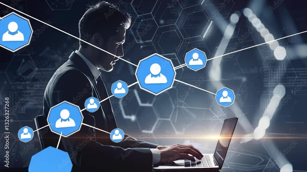 Poster a professional engages with innovative digital networking tools, showcasing the use of technology in