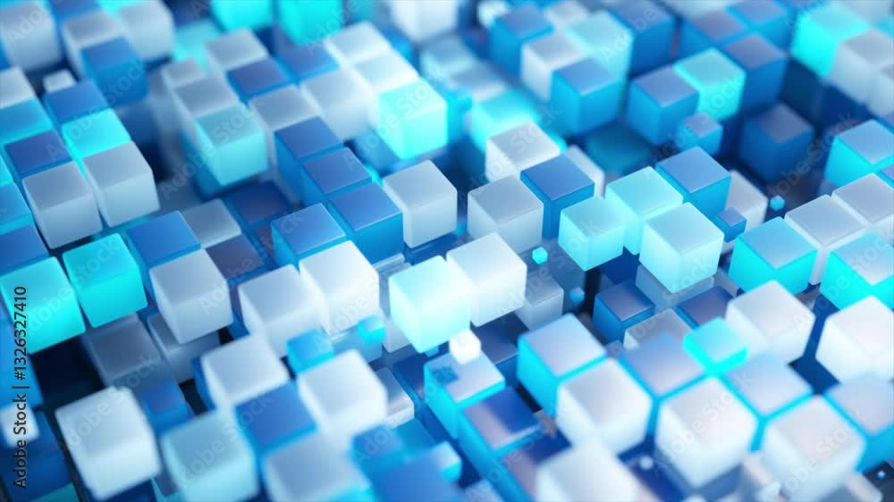 Aufkleber luminous light blue and white geometric cubes moving vertically in rhythmic grid pattern, generating