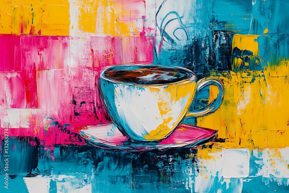Poster bold and vibrant coffee cup artwork with colorful abstract background showcasing a playful blend of 