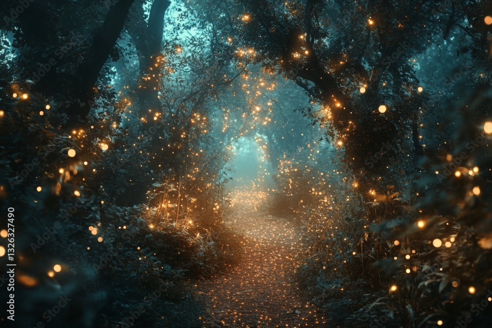 Aufkleber enchanting forest pathway illuminated by soft glowing lights at dusk