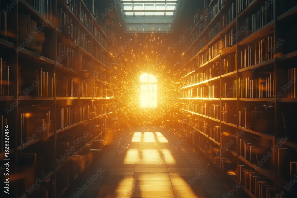 Poster Warm sunlight streams through a library window, illuminating dusty shelves and casting golden rays across the floor in an enchanting atmosphere