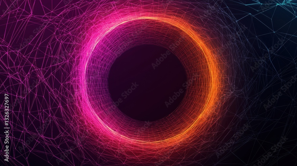 Poster vibrant abstract circular pattern with neon lines and dark background