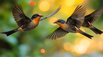 Fototapeta premium Flying swallows exhibit their agility and beauty against a colorful backdrop filled with soft light. Their wings spread wide, showing off intricate details as they navigate the warm hues of dusk