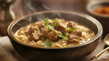 Steaming Hot Lamb and Rice Curry in a Rustic Bowl