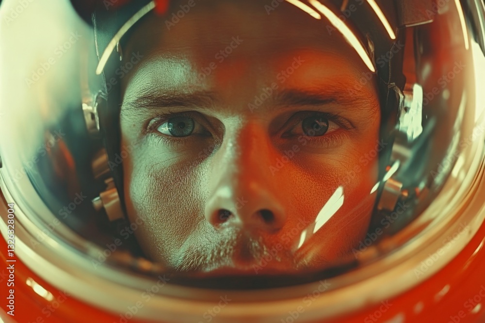 Aufkleber Astronaut in helmet gazes intently while preparing for space mission in vibrant illuminated surroundings