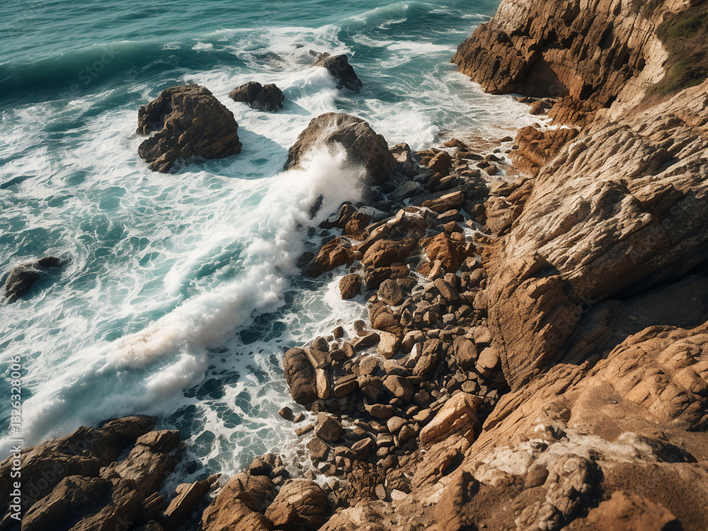 Poster erosion patterns on coastal cliffs with visible rockfall from wave action and stormy weather