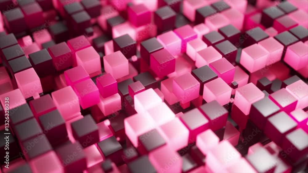Poster abstract animation of pink and black cubes moving up and down, creating a mesmerizing wave-like patt