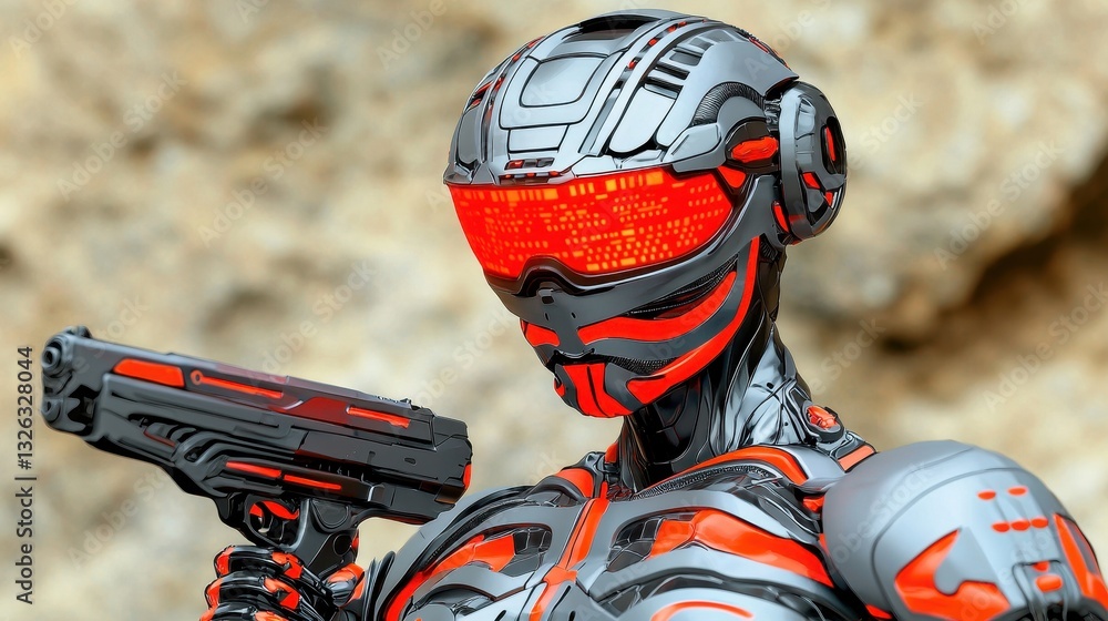 Poster Futuristic Android with Gun in a High-Tech Sci-Fi Setting