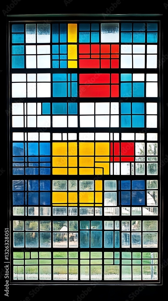 Poster a modern abstract window design featuring primary color blocks and geometric shapes