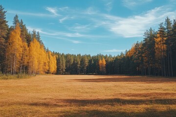Fototapeta premium Autumn landscape in a forest clearing surrounded by trees on a sunny day