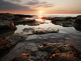 Fototapeta premium Coastal dawn tide pulling back to reveal rock pools reflecting the horizon as it warms