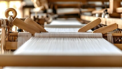 A close-up view of a weaving loom with threads arranged vertically and wooden shuttles positioned for weaving. Concept Weaving Loom Mechanics, Textile Artistry, Craftsmanship Details