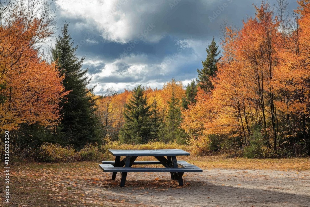 Poster fall picnic table surrounded by vibrant autumn foliage in a tranquil forest setting