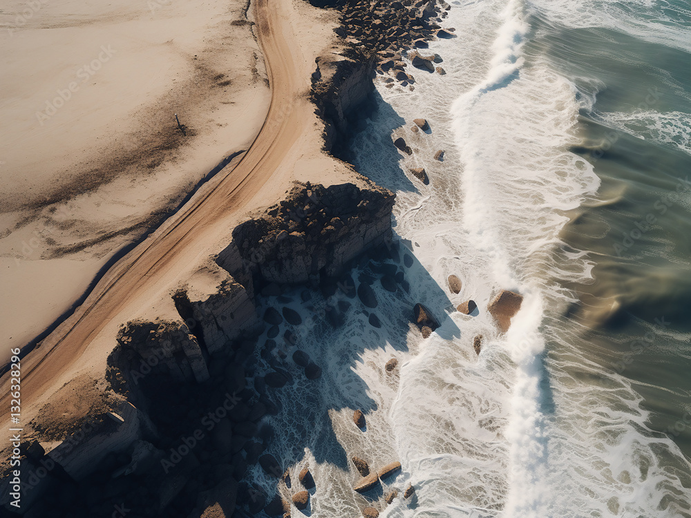 Poster coastal erosion showing dune preservation efforts with vegetation patterns stabilizing the beach