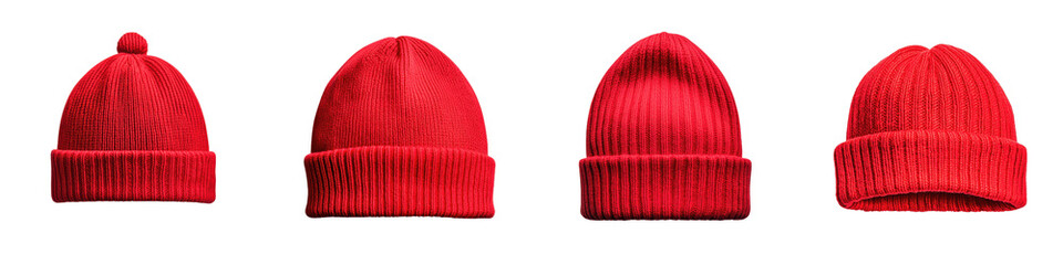 Four different styles of red knit beanies displayed in a row, showcasing variations in shape and texture.