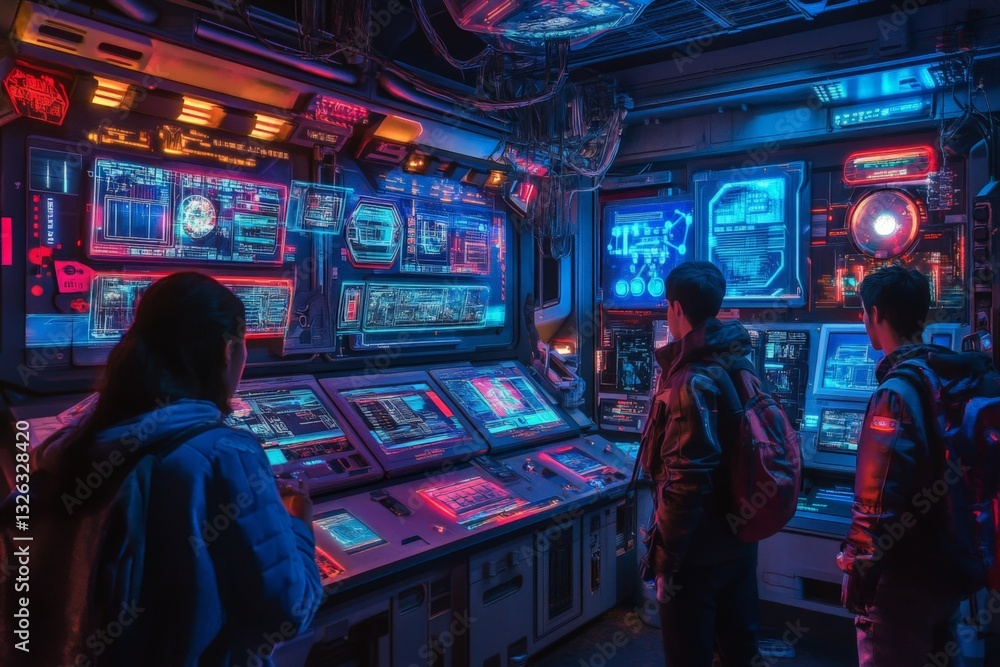 Aufkleber futuristic control room with glowing screens in a sci-fi setting during nighttime exploration