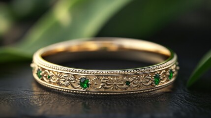 A gold and green banded ring with a green stone in the middle
