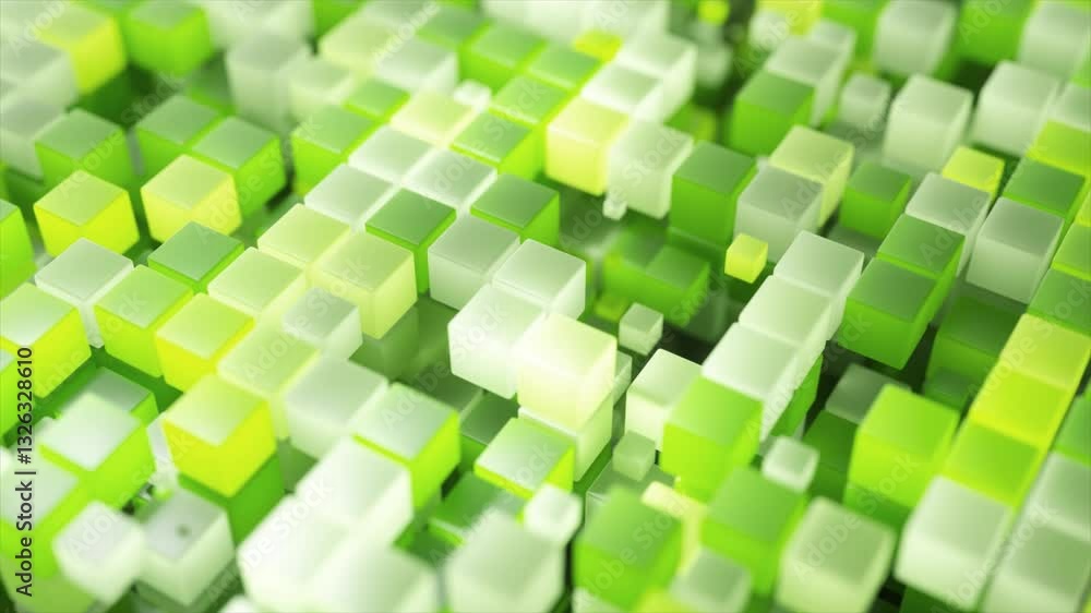 Poster abstract animation shows green and yellow cubes moving up and down on a white background, creating a