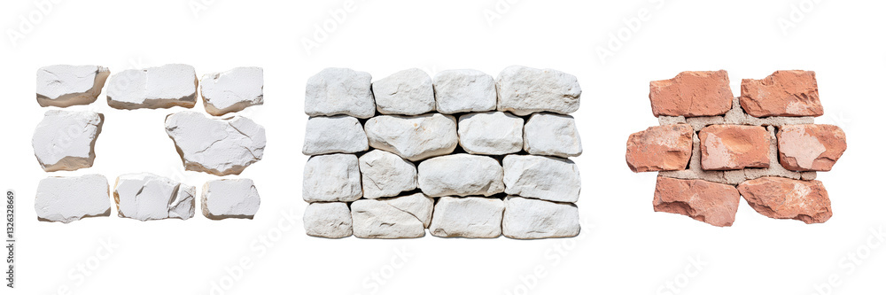 Poster a collection of irregularly shaped stones arranged in three distinct patterns, showcasing different 