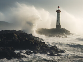Coastal fog rolling waves concealing a lighthouse beam revealing mystery ahead
