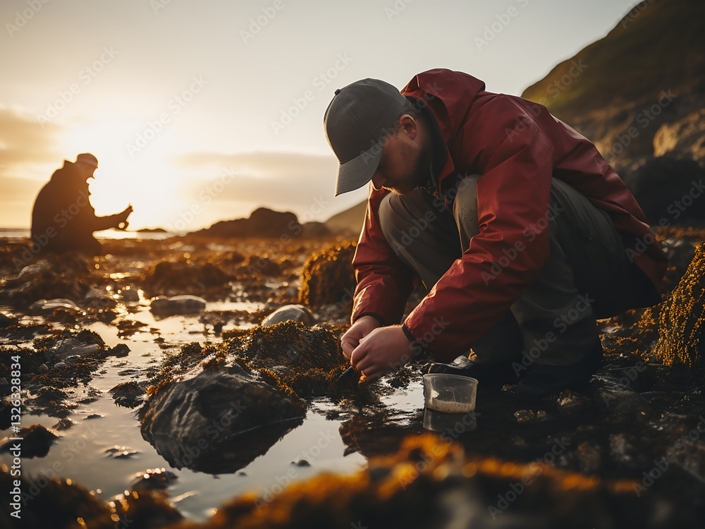 Poster coastal research underway with scientists collecting samples and analyzing data methodically
