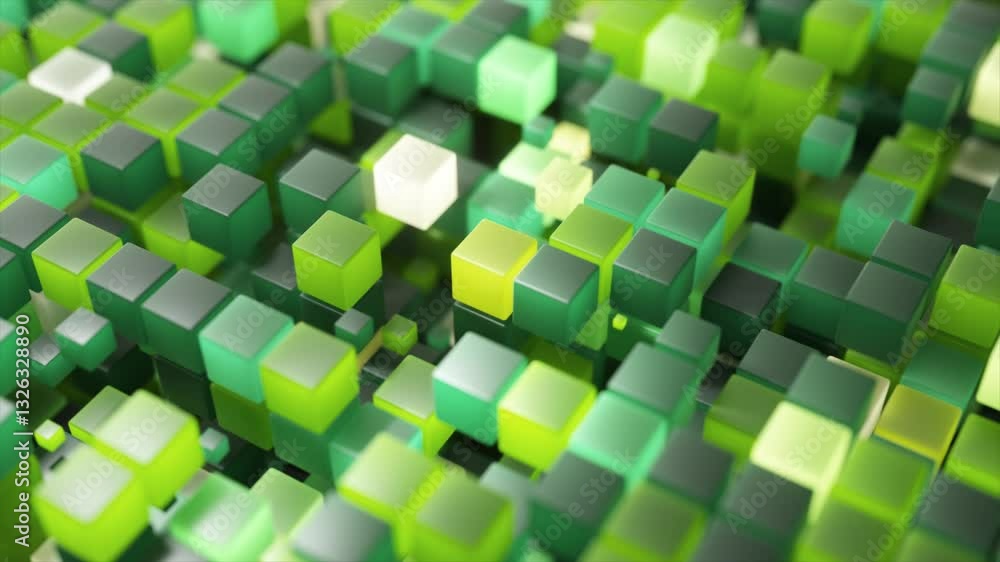 Poster geometric green and white cubes bouncing slightly, glowing on pristine white background, creating dy