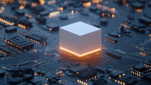 Futuristic Computer Chip Surrounded by Electronic Circuitry