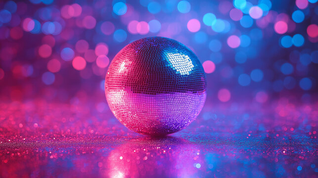 A sparkling mirror ball shines in a lively space filled with colorful lights, igniting excitement and inviting guests to dance during a vibrant party atmosphere