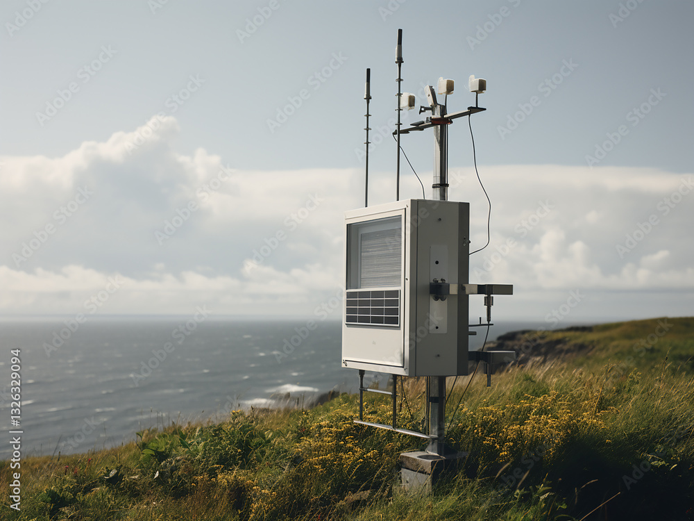 Poster coastal weather station collecting data continuously, recording measurements and studying patterns
