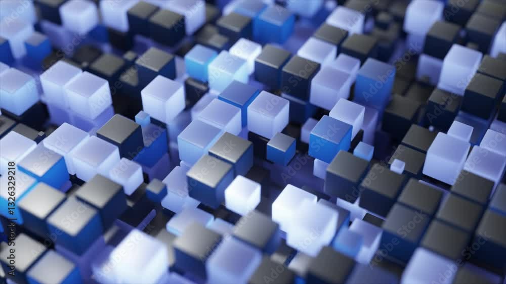 Poster dynamic 3d cubes bouncing and glowing, creating mesmerizing visual patterns with vibrant energy and 